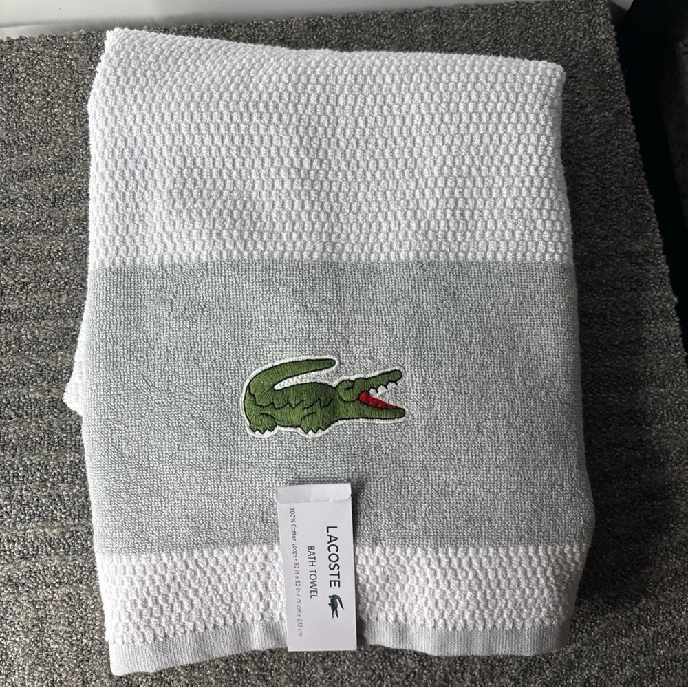 Lacoste Gray and White Bath Towel with Signature Design